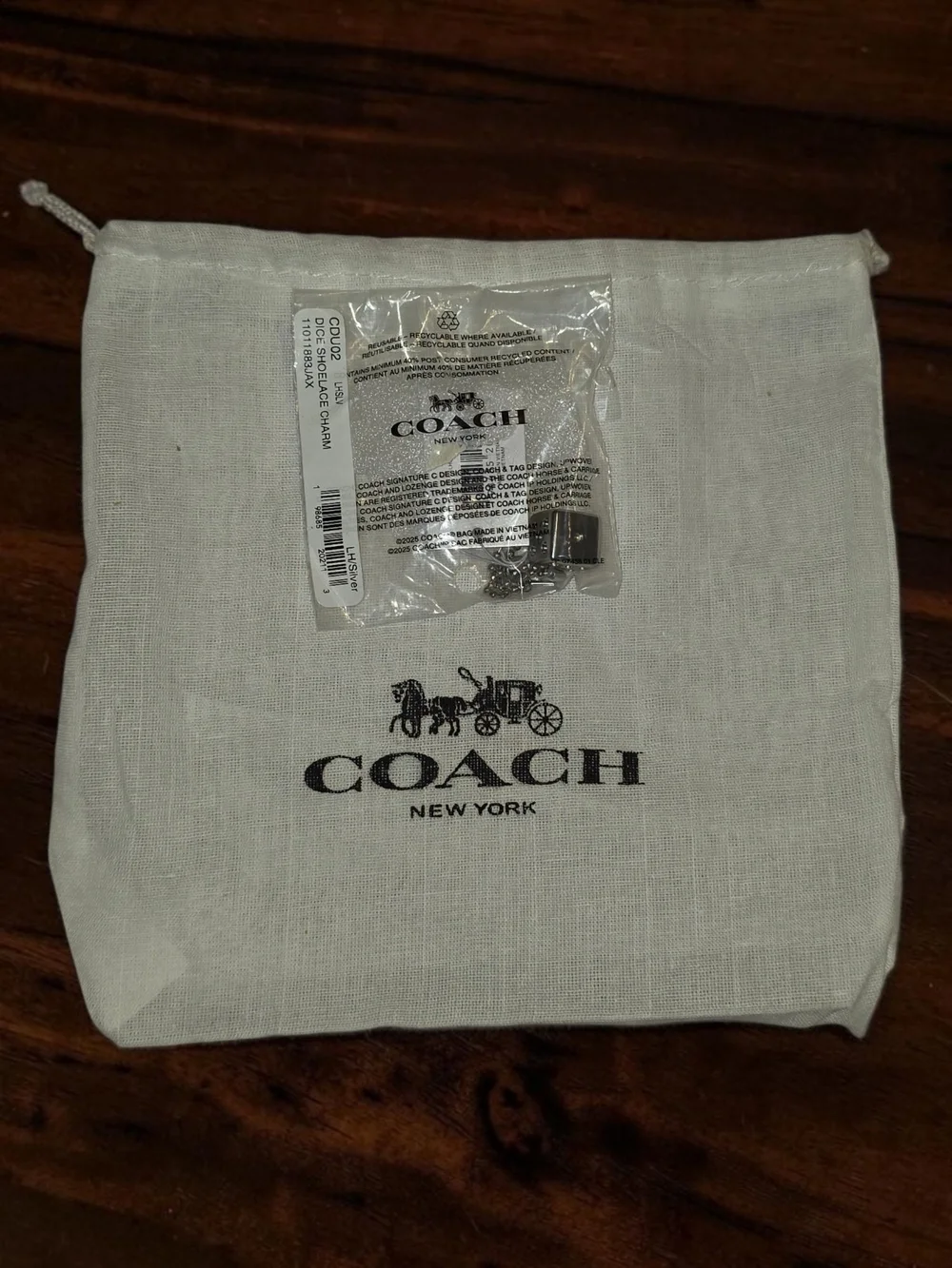 Coach Silver-Tone Dice Shoelace Charm with Beaded Chain-NWT & Coach Dustbag